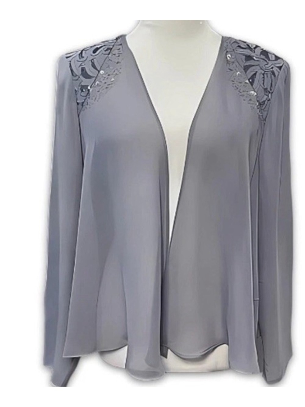 SLNY SL Fashions Gray Chiffon Open Front Jacket Cape Lace Beaded Shoulder Sz 12